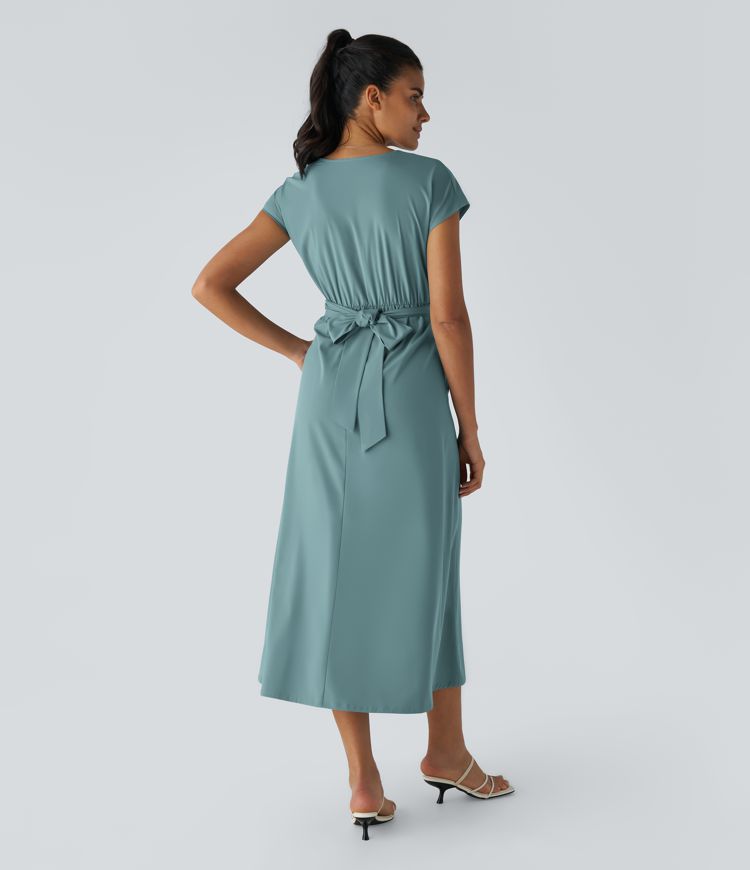 Breezeful™ V Neck Short Sleeve Side Pocket Tie Back Quick Dry Midi Casual Dress-Longer Length