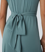 Breezeful™ V Neck Short Sleeve Side Pocket Tie Back Quick Dry Midi Casual Dress-Longer Length