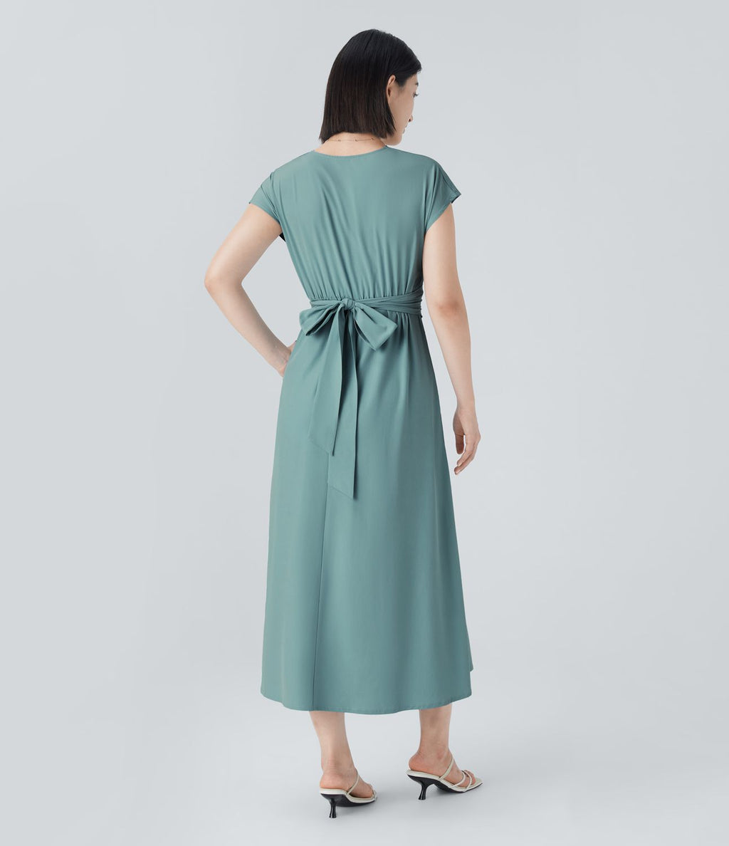 Breezeful™ V Neck Short Sleeve Side Pocket Tie Back Quick Dry Midi Casual Dress-Longer Length