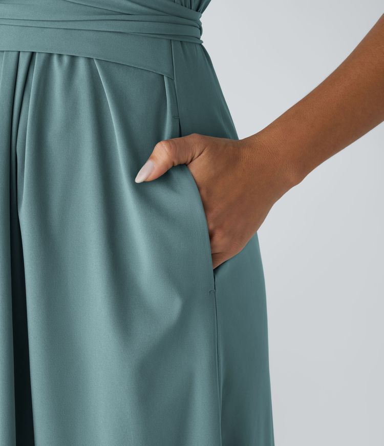 Breezeful™ V Neck Short Sleeve Side Pocket Tie Back Quick Dry Midi Casual Dress-Longer Length