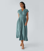 Breezeful™ V Neck Short Sleeve Side Pocket Tie Back Quick Dry Midi Casual Dress-Longer Length