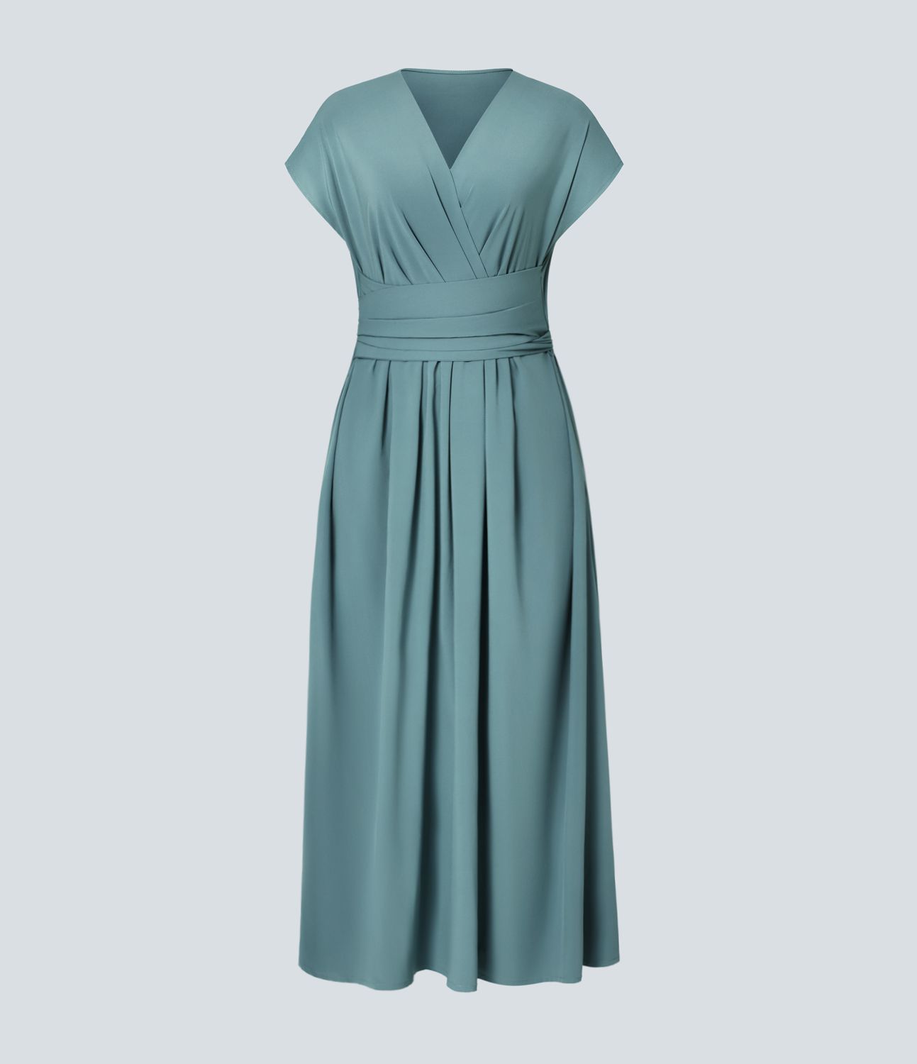 Breezeful™ V Neck Short Sleeve Side Pocket Tie Back Quick Dry Midi Casual Dress-Longer Length