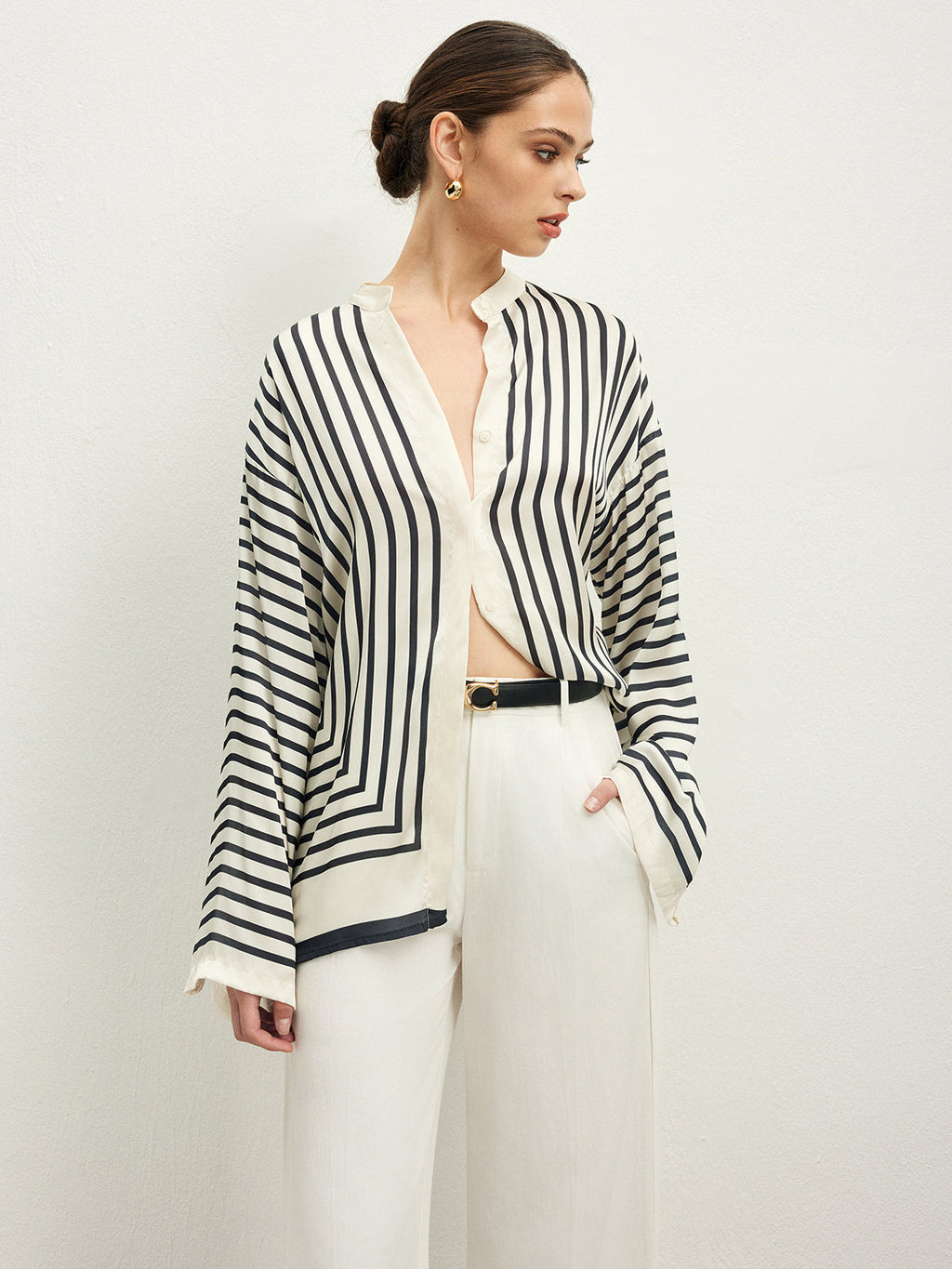 Satin Striped Button Blouse with Refined Fit