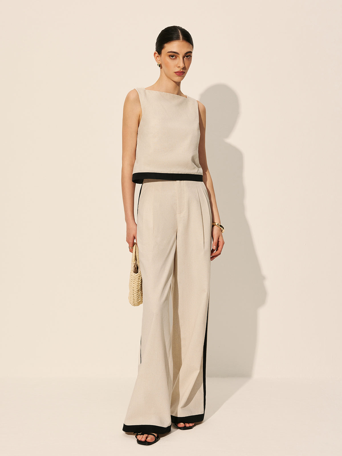 Linen & Cotton Zipper Contrast Binding Pant Set