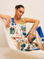 Graphic Print Crop Top With Wide-Leg Pants Set