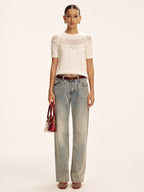 Short-Sleeve Eyelet Knit Sweater