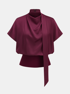 Draped Satin Mock Neck Blouse with Tie