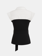 Collared Color Block Sleeveless Belted Blouse