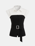 Collared Color Block Sleeveless Belted Blouse