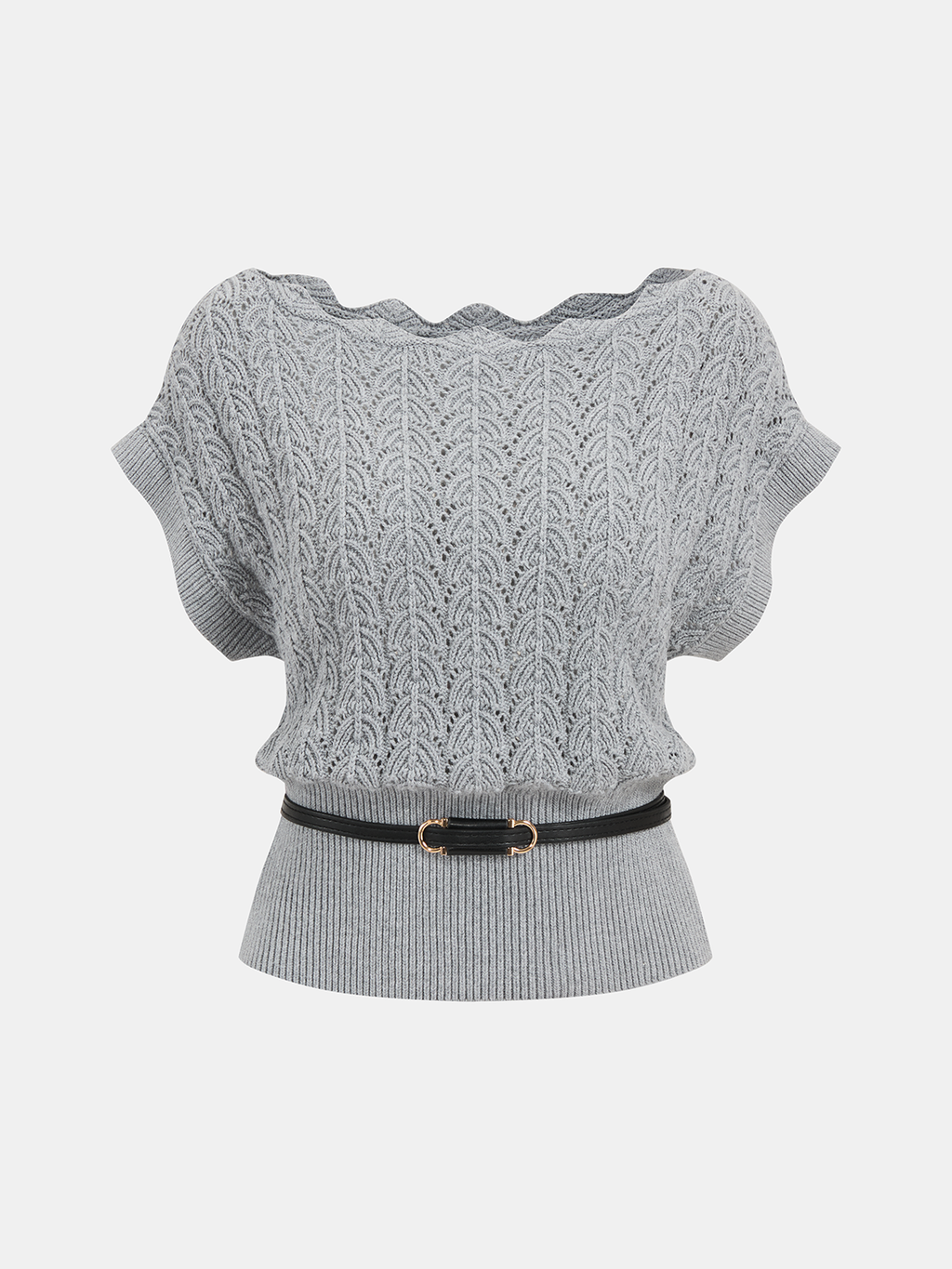 Scalloped Neck Belted Knit Top