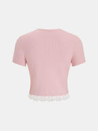 Ribbed Lace-Trim Short-Sleeve Cardigan
