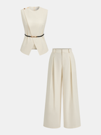 Semi-Sheer Sleeveless Belted Top & Pleated Pants Set