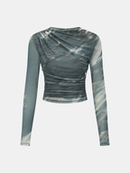 Tie-Dye Mesh Ruched Long-Sleeve Top