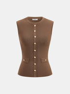 Metal Button Crew-Neck Sleeveless Knit Vest