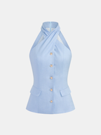 Tencel Blend Halter Buttoned Vest & Shorts Set