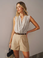 Cotton Linen Striped Sleeveless Wrap Bodysuit