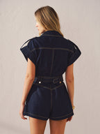 Denim Belted Collar Romper
