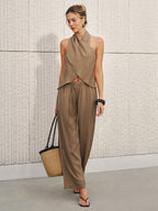 Smei-Sheer Halter Neck Top & Wide Leg Pants Set