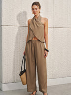 Smei-Sheer Halter Neck Top & Wide Leg Pants Set