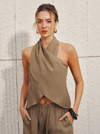 Smei-Sheer Halter Neck Top & Wide Leg Pants Set