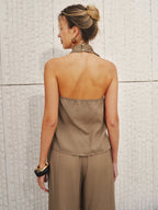 Smei-Sheer Halter Neck Top & Wide Leg Pants Set