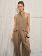Smei-Sheer Halter Neck Top & Wide Leg Pants Set
