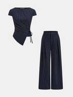 Pinstripe Wrap Tie Top & Wide-Leg Pants Set