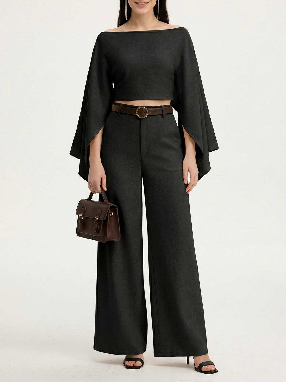 Dramatic Sleeve Linen-Blend Cropped Top