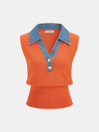 Denim Collar Metal Button Sleeveless Knit Vest