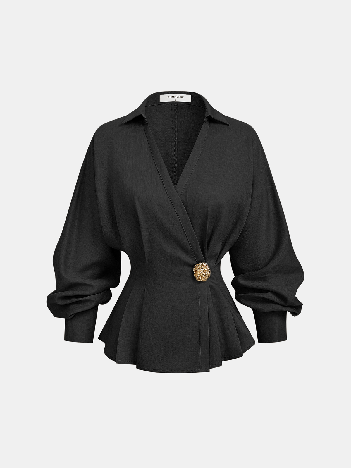 Linen Blend Balloon Sleeve Wrap Blouse