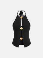 Cut-Out Floral Button Knit Halter Top