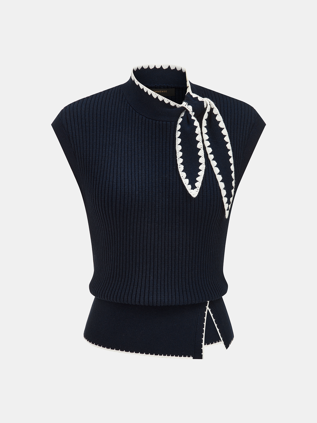 Scallop Trim Tie Neck Sleeveless Knit Top