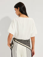 Linen-Blend Boat Neck Puff Sleeve Crop Top