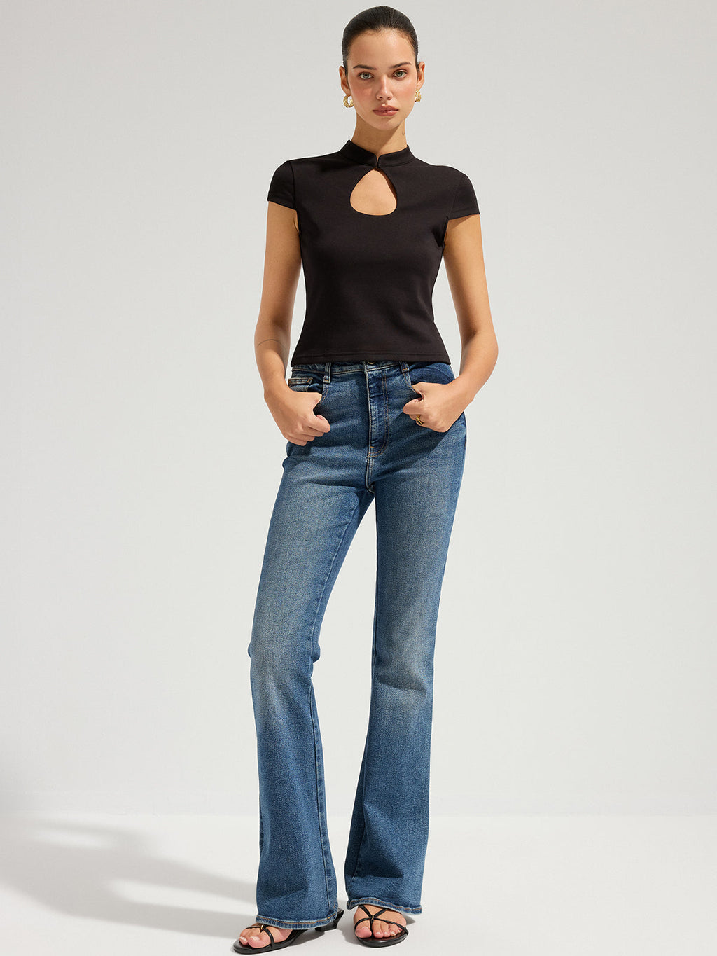 Mandarin Collar Keyhole Short Sleeve Top