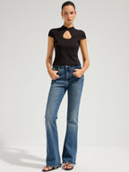 Mandarin Collar Keyhole Short Sleeve Top