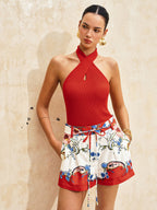 Ribbed Crisscross Halter Neck Knit Top