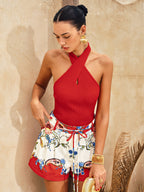 Ribbed Crisscross Halter Neck Knit Top