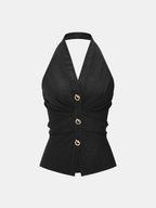 Metal Button Denim Halter Ruched Top
