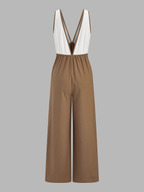 Color-Block Cotton Linen Wide Leg Jumpsuit