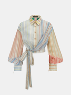 Semi-Sheer Rainbow Striped Tie Waist Blouse
