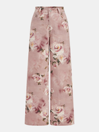 Mid-Waist Rose Print Wide Leg Denim Pants