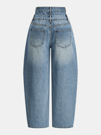 Double Waistband Curved-Leg Denim Pants