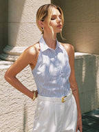 Striped Cotton Collared Halter Blouse