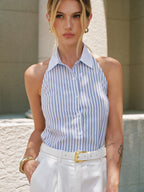 Striped Cotton Collared Halter Blouse