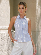 Striped Cotton Collared Halter Blouse