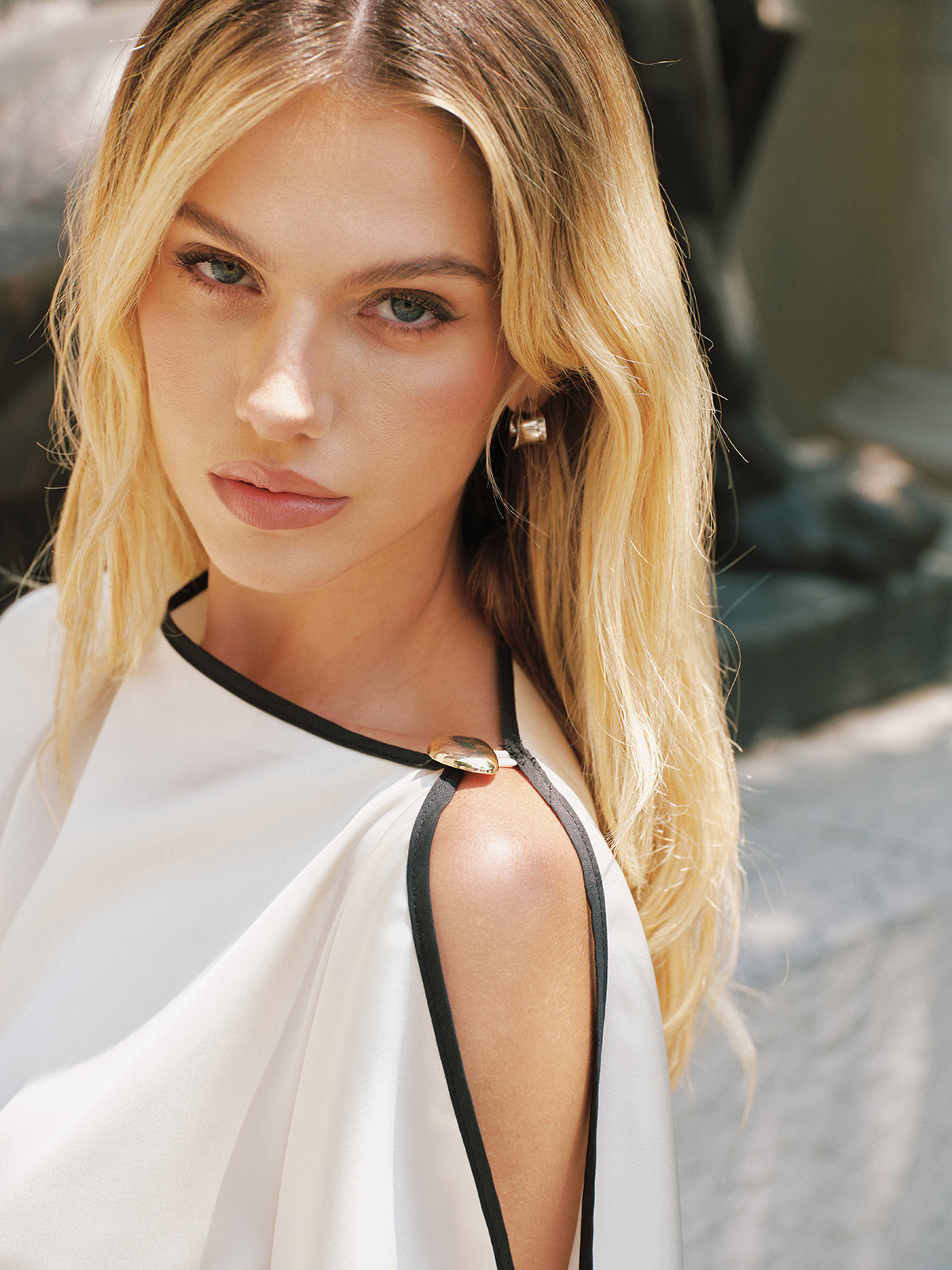 Contrast Trim Asymmetric Draped Satin Blouse