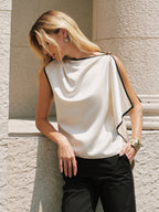 Contrast Trim Asymmetric Draped Satin Blouse