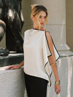 Contrast Trim Asymmetric Draped Satin Blouse