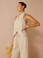 Striped Cotton Linen Halter Top & Pant Set