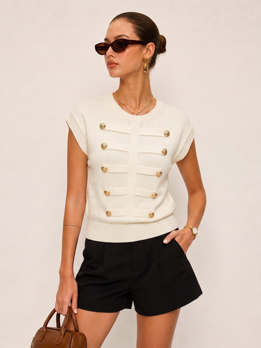 Decorative Metal Button Crew Neck Knit Top